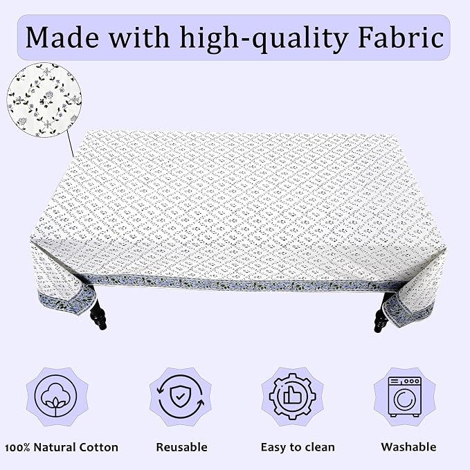 Ridhi Powder Blue Hand Block Print Cotton Rectangle Tablecloth 120" x 80" inches Reusable Table Cover Decorative Everyday Use for Dining Room, Farmhouse, Home Gift for Spring, Mother's Day