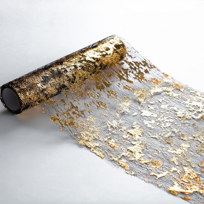 Snowkingdom Black and Gold Table Runner 49 Feet 588 inches Golden Metallic Centerpieces Foil Runners Party Decorations Glitter for Birthday Shower Wedding Retirement Christmas Thanksgiving Graduation