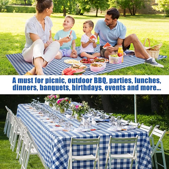 Kochorie 54 Inch x 100 Ft Blue Checkered Plastic Table Cloth Roll Disposable Waterproof Table Cover Plastic Table Cover Roll with Easy Slide Cutter for Outdoor Picnic/Home Dining/Summer Party