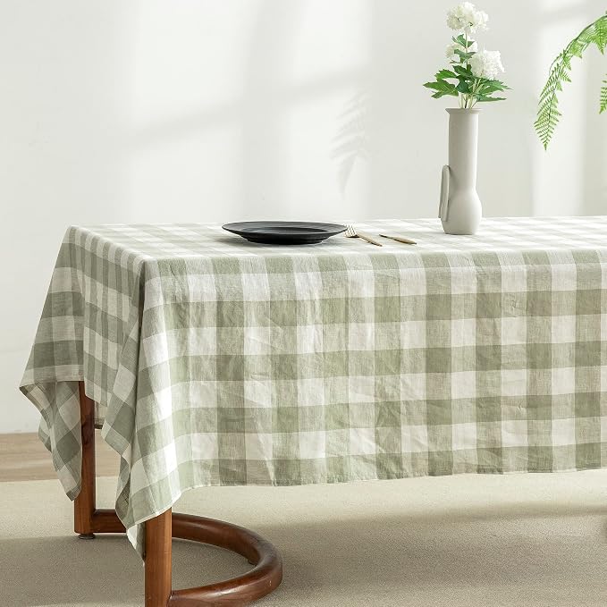EVERLY 100% Yarn-Dyed Linen Rectangle Tablecloths 60x120Inches for Dining,Buffet Parties,Picnic,Events and Restaurants,Decorative Halloween,Thanksgiving Machine Washable Tablecloths-Sage Green Plaid