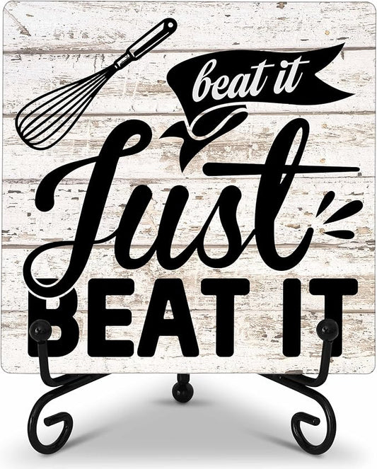 Kitchen Counter Decor, Table Decorations for Dining Room, Just Beat It, Fun Farmhouse Kitchen Wooden Plaque with Iron Stand for Table Shelf Display-A01