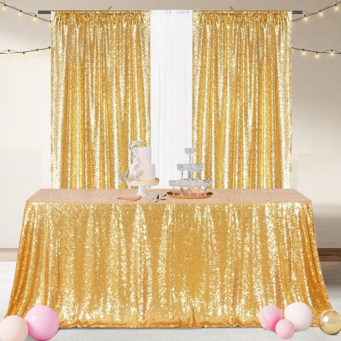 Poise3EHome Gold Sequin Tablecloth 50×72 Inch Rectangle Table Cover Overlay for Wedding Birthday Party Christmas Holiday Baby Shower Decoration