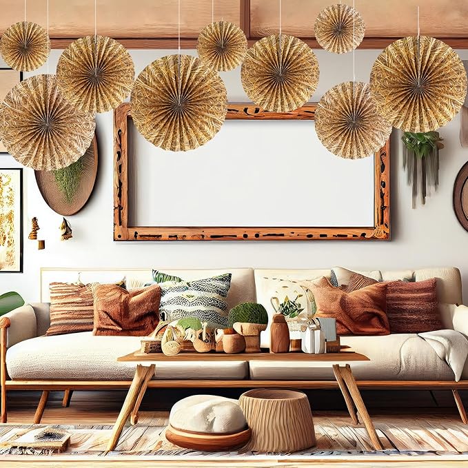 Outus 9 Pcs Western Cowboy Party Decorations Paper Fans Wagon Wheels Straw Hay Bales Hanging Ceiling Wall Decor for Country Western Themed Rodeo Farm Birthday Party Supplies (Straw)