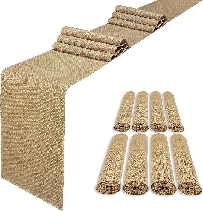 8 Pack 12 x 120 Inch Burlap Table Runners, Natural Rustic Jute Table Runner Bulk for Western Wedding Table Decorations,Farmhouse Style Party,Thanksgiving,Kitchen Coffee Table Decor Cover