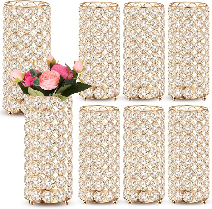 Dandat 8 Pcs Crystal Flower Vase for Wedding Table Centerpieces 7.87 in Crystal Pillar Candle Holder Metal Cylinder Flower Vase Stand for Christmas Wedding Decor Gifts Arrangement Event(Gold)