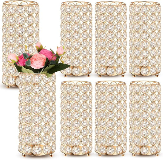 Dandat 8 Pcs Crystal Flower Vase for Wedding Table Centerpieces 7.87 in Crystal Pillar Candle Holder Metal Cylinder Flower Vase Stand for Christmas Wedding Decor Gifts Arrangement Event(Gold)