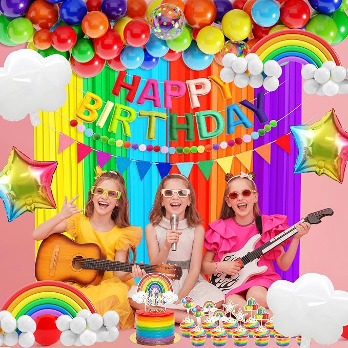 THAWAY Rainbow Birthday Party Decorations- 172 Pcs Colorful Birthday Decorations with 3D Felt Banner, Rainbow Balloon Arch Kit, Backdrop, Tablecloth and Cake Topper for Boys Girls Party Decor