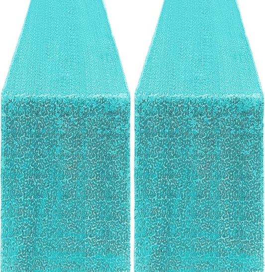 2 Packs 12 x 72 inches Sequin Table Runner, Turquoise Glitter Table Runner for Birthday Party Supplies Wedding Engagement Baby Shower Holiday Celebration Event Decorations