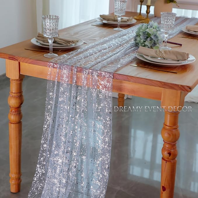 Snowkingdom Light Blue Silver Gauze Table Runner 10ft 120 inch Glitter Sheer Cheesecloth Tulle Home Dining Table Decoration for Bridal Baby Shower Summer Wedding Birthday Holidays Party