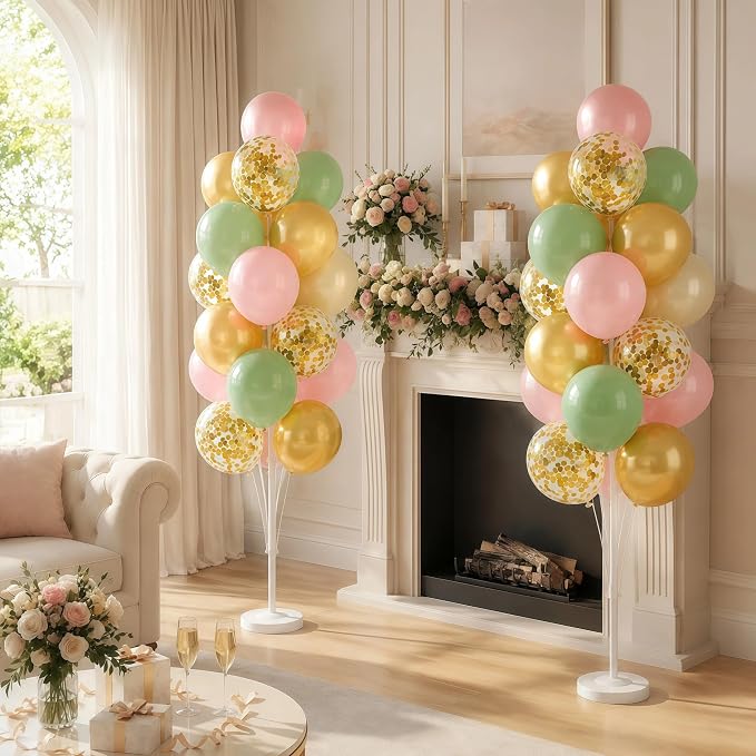 Hiins Balloon Column Kit Set of 2 With Balloons Included - with Base, and Pole,Balloon Tower Backdrop Decoration for Wedding, Baby Shower, Birthday Party, or Bachelorette Parties (Sage Green Gold)