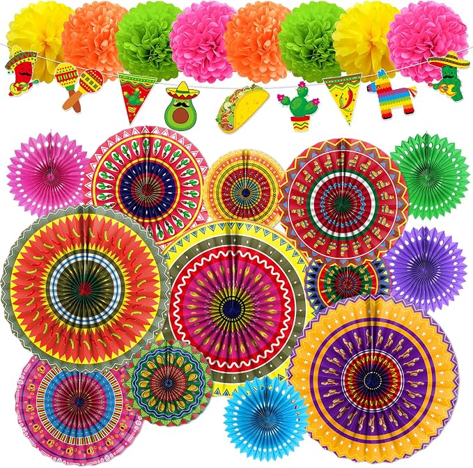 Rakuto Fiesta Party Decorations Set, 18PCS Mexican Taco Theme Colorful Banners and Paper Fans Birthday Decorations, Cinco De Mayo Paper Pom Poms Decor for Wedding Rainbow Party Supplies
