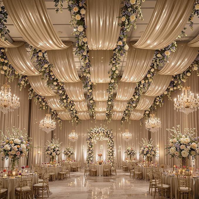 50ftx40ft Champagne Gold Ceiling Curtain for Wedding Parties – 10 Panels Wrinkle-Free 40 FT Long Tent Draping Curtains for Wedding, Birthday & Theme Parties, 40ft Height with Rod Pocket