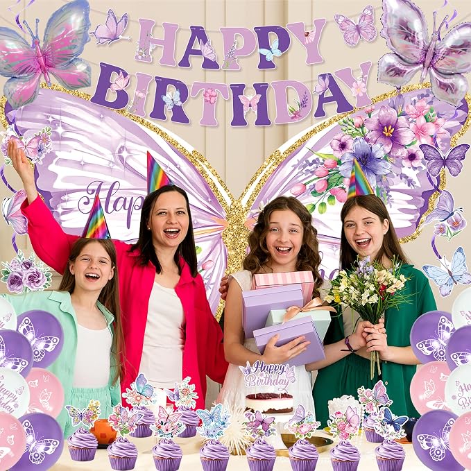 Roetyce Butterfly Birthday Decorations, Purple Happy Birthday Banner Backdrop Balloons Hanging Swirls Cake Topper for Home Party, Girls Women Butterfly Themed Party Suppiles Photo Background