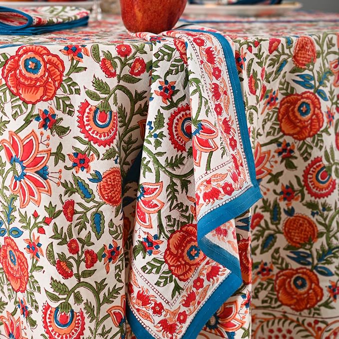 Hand Block Printed Tablecloth – Colorful Floral Print | 100% Cotton | Indian Artisan Handmade Art | Dining Room, Kitchen, Outdoor Décor, (Peach Floral, 8 Seater 90 Inches Round)