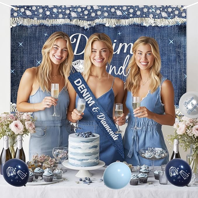 Denim and Diamonds Party Decorations Denim and Diamonds Backdrop Banner Sash with Blue Silver Balloons for Women Girls Birthday Bachelorette Party Bridal Shower Wedding Supplies