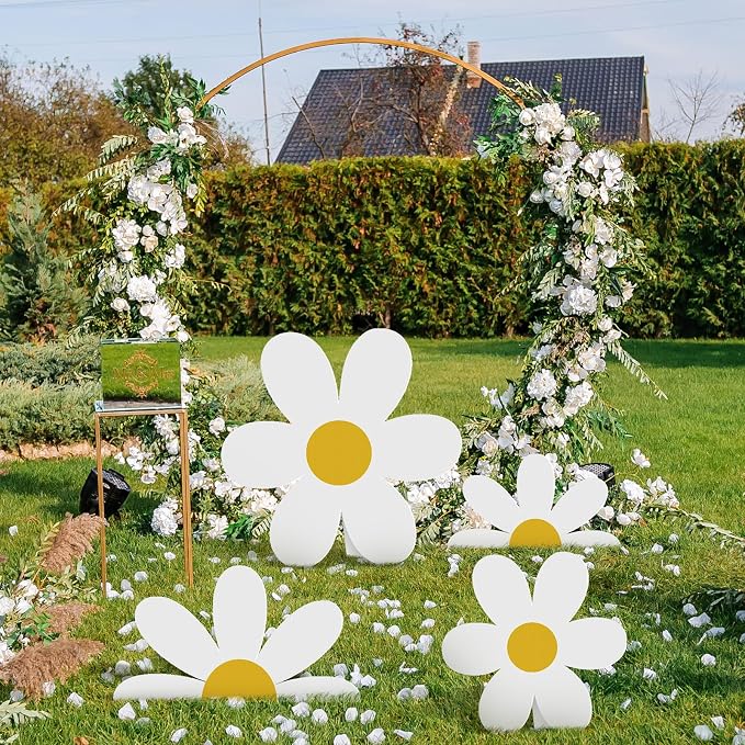 4 Pcs Large Daisy Birthday Party Decorations White Daisy Themed Cardboard Cutout Floral Baby Shower Cartoon Backdrop for Bridal Wedding Wildflower Party Supplies Photo Booth Props Gift Favor