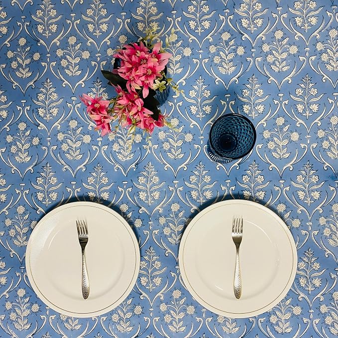 Ridhi Cornflower Blue Hand Block Print Cotton Rectangle Tablecloth 102" x 48" inches Reusable Table Cover Decorative Everyday Use for Dining Room, Farmhouse, Home Gift for Spring, Mother's Day