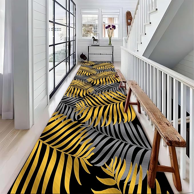 Tropical Palm Leaf Hallway Runner Rug, 3.3x10ft, Modern Yellow Gray Leaf Runner Rug for Hallway Kitchen, Non-Slip Breathable Washable Long Rug for Indoor Entrance Laundry Office Kitchen Floor Mat