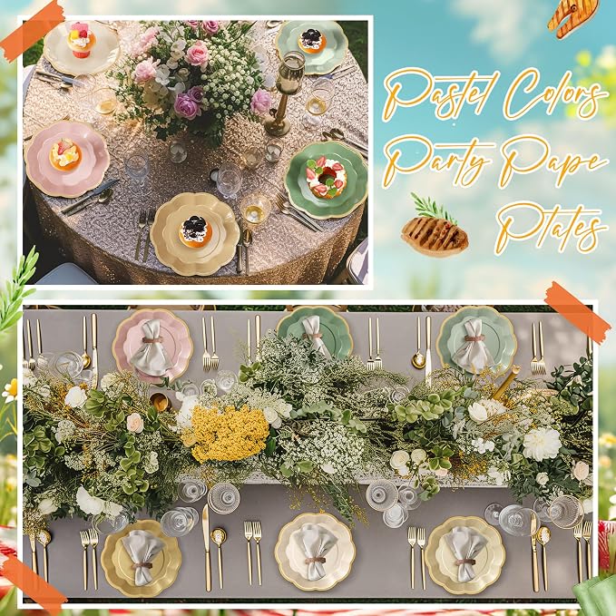 72 Pcs Pink and Green Paper Plates 9 Inch Sage Pink Beige Yellow Gradient Scalloped Paper Disposable Dinner Dessert Plates for Jungle Safari Birthday Wedding Bridal Party Supplies, 6 Colors