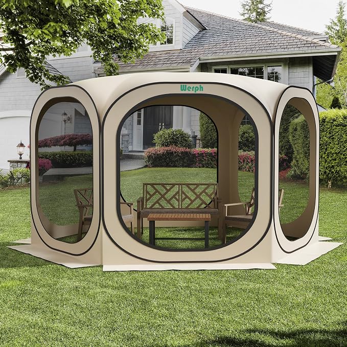 Werph 12x12 Pop Up Screen Tent, Mosquito Net Gazebo, UV Resistant, Beige | Roof Waterproof Screen Canopy, Quick Setup Outdoor Shelter for Backyard, Patio, Garden, Picnic, Camping and Events