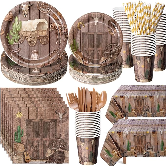 LemonRoad 452 Pcs Western Cowboy Party Supplies for 50, Wild West Cowboy Paper Plates Napkins Cups Tablecloth Cutlery Straw Disposable Tableware for Camping Barn Birthday Baby Shower Party Decoration