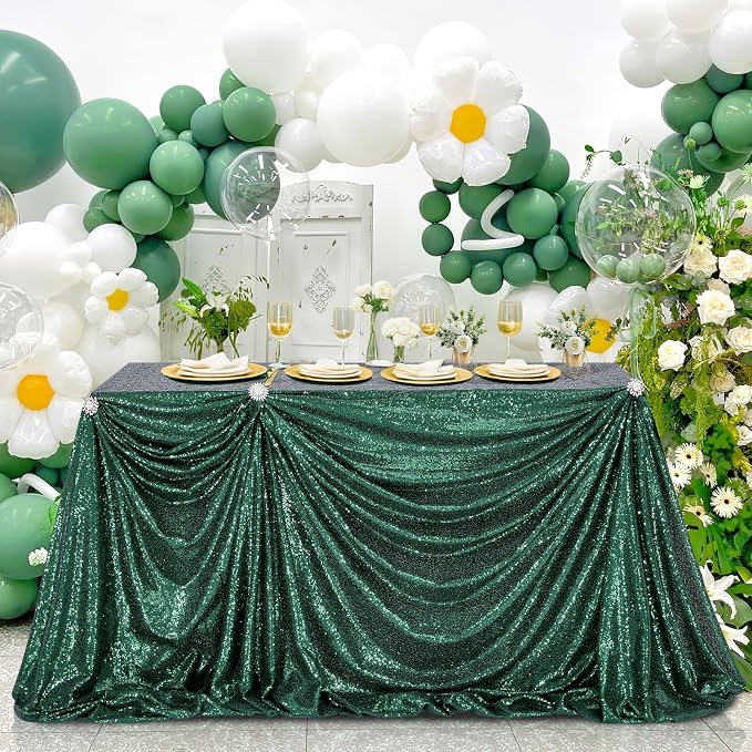 B-COOL Sequin Tablecloth Sparkle Wedding Tablecloths for Round Table Emerald Green Sequence Table Skirts Cloths Christmas St. Patrick's Day Parties 90x132 Inch