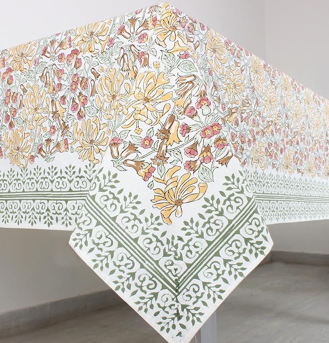 Ridhi Canary Yellow Mint Green Block Print Cotton Rectangle Tablecloth 120" x 80" inches Reusable Table Cover Decorative Everyday Use for Dining Room, Farmhouse, Home Gift for Spring, Mother's Day