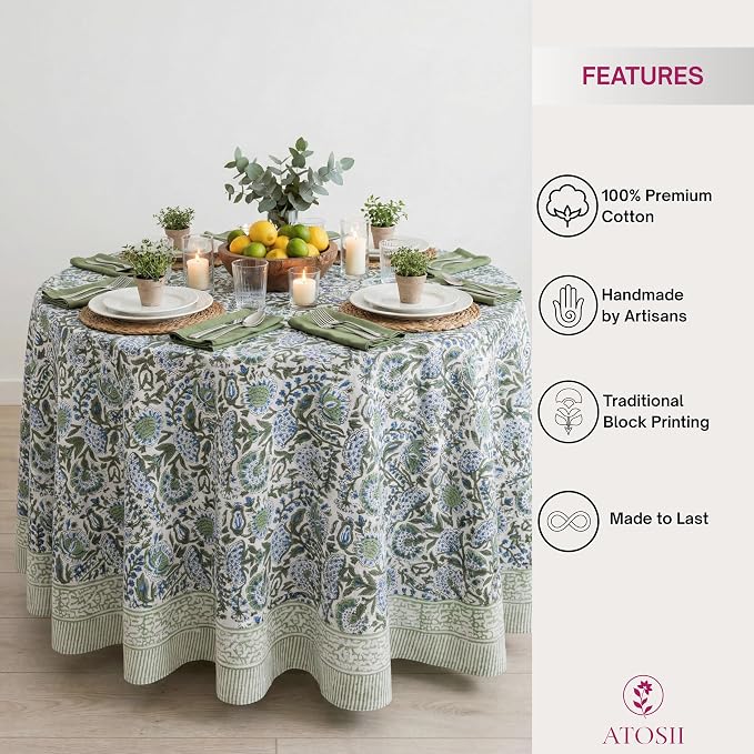 ATOSII Clover Blue 100% Cotton Round Boho Fall Tablecloth, Handblock Floral Table Cloth Linen for Kitchen Dining I Parties Outdoors Christmas Thanksgiving Fall Home Decor 72" Inches Round I 4-6 Seater