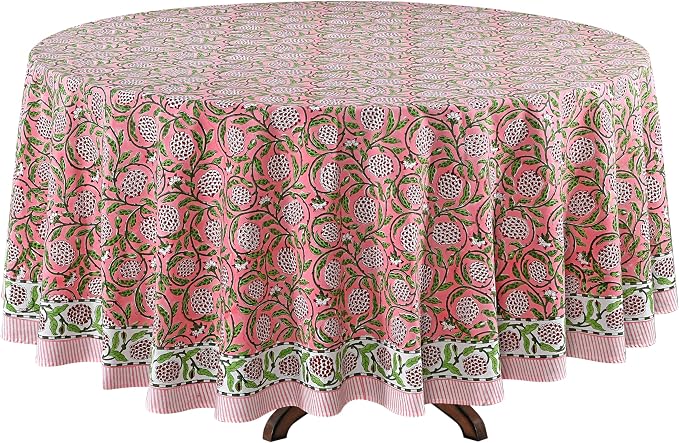 Ridhi Round Tablecloth Hand Block Print 100% Cotton Reusable Strawberry Pink 90 Inch Table Cover Decorative Everyday Use for Dining, Home, Farmhouse Gift for Spring, Mother's Day