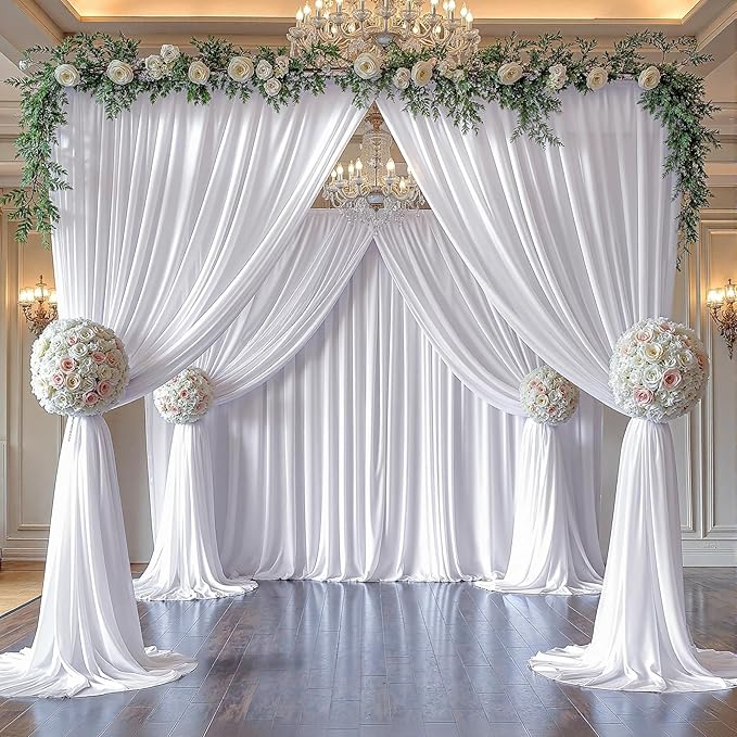 20ft x 10ft White Chiffon Backdrop Curtains, Wrinkle-Free Sheer Chiffon Fabric Photo Curtain Drapes for Wedding Ceremony Arch Party Stage Photography Decorations
