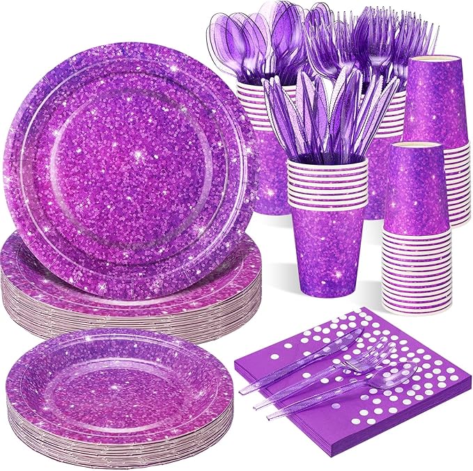 Hushee 175 Pcs 25 Guests Purple Paper Party Plates and Cups Napkins Sets Holographic Glitter Disposable Dinnerware Plastic Forks Knives Spoons Birthday Bachelorette Wedding Party Supplies