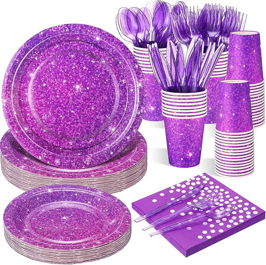 Hushee 175 Pcs Purple Holographic Print Party Supplies Guests Disposable Dinnerware Set Include Paper Plates, Napkins, Cups, Plastic Cutlery for Wedding Birthday Disco Bachelorette