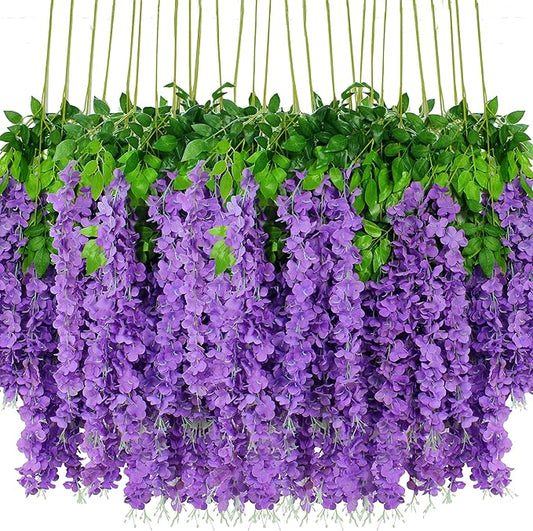 Wisteria Hanging Flowers 24 Pack Artificial Flowers Fake Wisteria Vine Rattan Hanging Garland Silk Flowers String for Party Home Wall Greenery Wedding Decor（Purple）