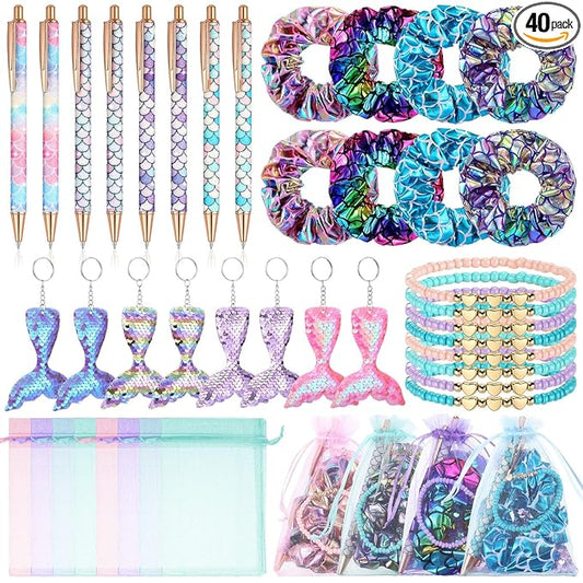 Honoson 40 Pcs Mermaid Party Favors Mermaid Birthday Decorations Include 8 Glitter Pens 8 Shiny Scrunchies 8 Keychains 8 Bracelets 8 Goodie Bags for Baby Shower, Piñata Supplies