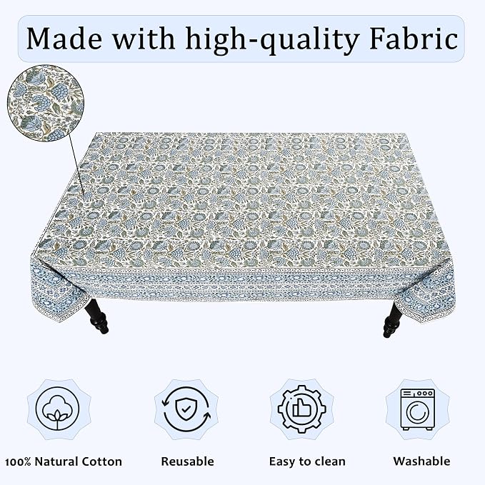 Ridhi Hand Block Print Asparagus Green Rectangle Cotton Tablecloth 108" x 70" Reusable Table Cover Decorative Everyday Use for Dining, Farmhouse, Home Gift for Spring, Easter, Valentine