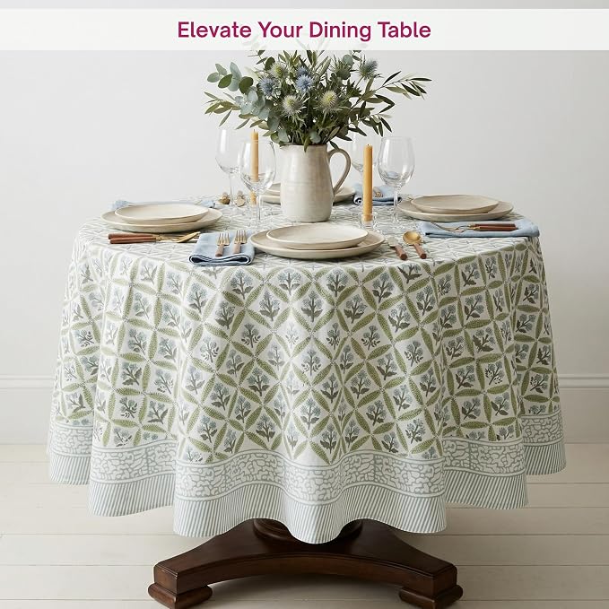 ATOSII Netta Green 100% Cotton Round Boho Fall Tablecloth, Handblock Floral Table Cloth Linen for Kitchen Dining I Parties Weddings Outdoors Picnics Easter Mothers Day I 90" Inches Round I 6-8 Seater