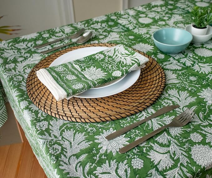 Chirstmas Green Block Print Table Cloth- 60x108 Inch Rectangle 100% Cotton Handmade Pre-Shrink, Washable for Spring, Kitchen & Dining Perfect for Patio, Indoor & Outdoor, Farmhouse
