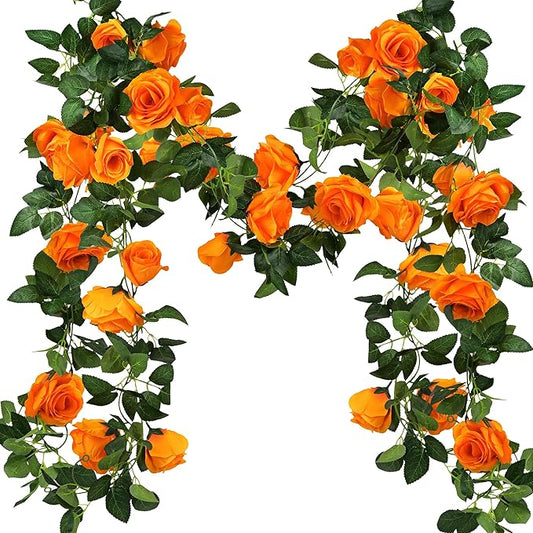 FiveSeasonStuff Warm Orange Artificial Rose Garlands, Four Separate Faux Flower Vines with Greenery