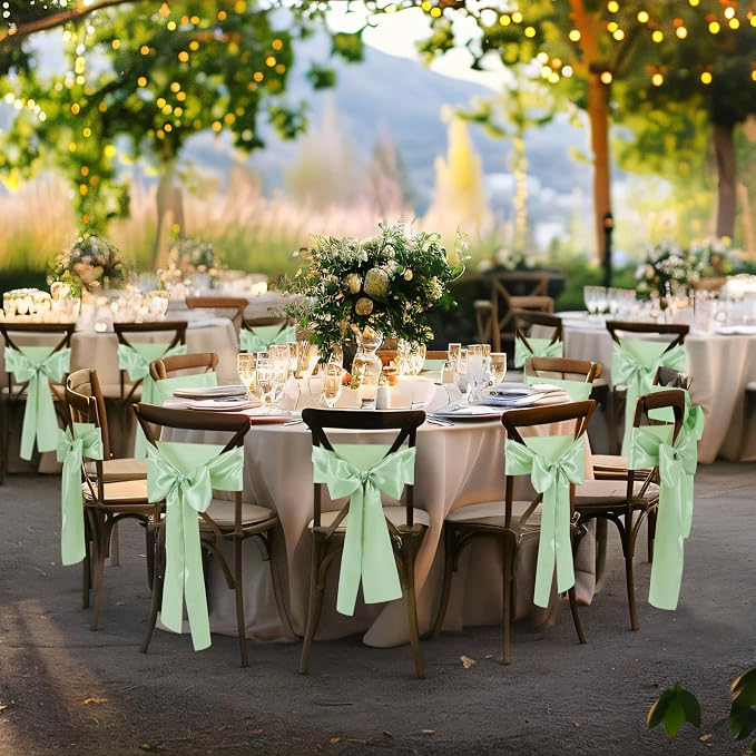 10 Pcs Sage Green Satin Chair Sashes Bows Universal Chair Cover for Wedding Reception Events Banquets Party, Hotel Event Decorations, 6 x 108 inch