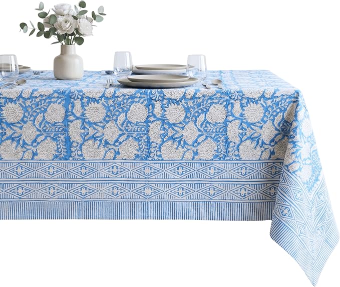 ATOSII Azora Blue 100% Cotton Rectangle Fall Tablecloth, Handblock Floral Print Linen Table Cloth for Kitchen Dining I Parties, Outdoors, Christmas, Thanksgiving I 72 X 120 Inches I 10 Seater