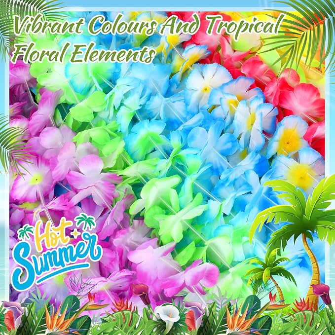 120 Packs Hawaiian Luau Leis Bulk Tropical Hawaii Theme Silk Flower Necklace Summer Beach Party Decorations Birthday Party Favors