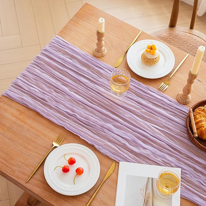 FEXIA Lilac Cheesecloth Table Runner 35x120 Inches Spring Easter Gauze Lavender Table Runners for Mother's Day Bridal Shower Wedding Party First Communion Centerpiece Engagement Decoration