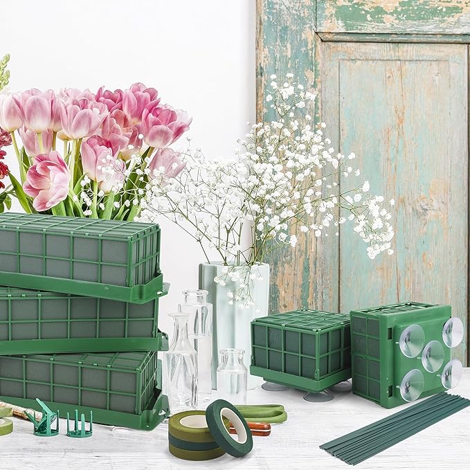 Hahood 6 Packs Floral Foam Cage Rectangle and Square Flower Holder with Floral Foam Blocks Flower Cage Holders Flower Arrangements Supplies Cage for Fresh Flowers, Wedding Home Garden Decorations