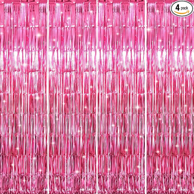 GOER 3.2 ft x 8.2 ft Metallic Tinsel Foil Fringe Curtains Party Photo Backdrop Party Streamers for Galentines Day,Birthday,Graduation,New Year Eve Decorations Wedding Decor (4 Packs,Hot Pink)