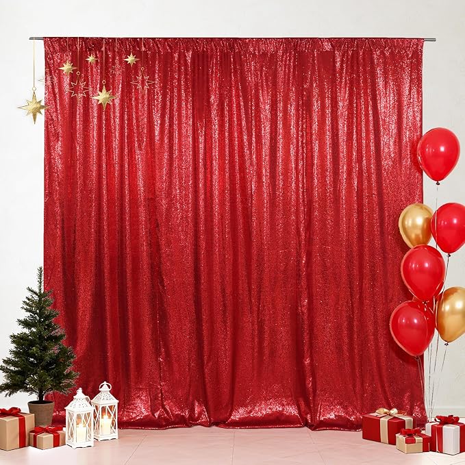 SquarePie 7x7ft Red Sequin Backdrop for Photography, Satin-Backed Real Sequin Curtain, Enhanced Coverage Shimmering Background with 4" Rod Pocket for Wedding, Birthday, Party Decor, 1 Panel