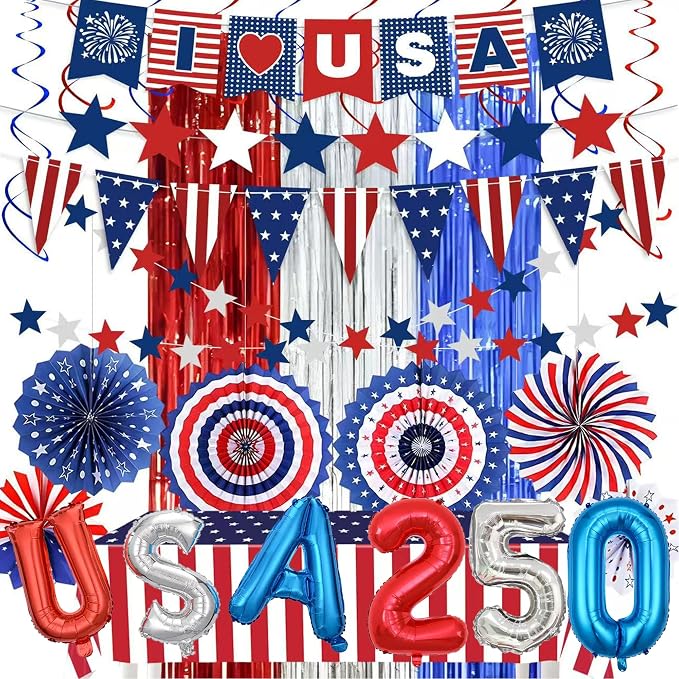 52 PCS US 250th Anniversary Decorations Set,Party Set for Independence Memorial Day Party Supplies Decor