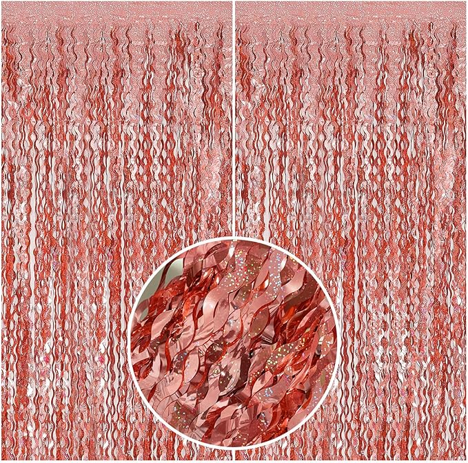 BOMSI Rose Gold Tinsel Foil Fringe Curtains Wavy Backdrop for Parties Sparkle Metallic Wavy Foil Fringe Backdrop Curtain Photo Booth Props Birthday Graduation Wedding Bachelorette Party Decorations