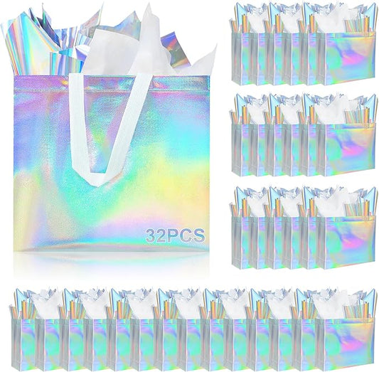 ZIFTY 32 Pcs Large Iridescent Gift Bags with Handles, Reusable Non-woven Goodie Gift Bags Bulk with Holographic Tissue Paper for Christmas, Birthday, Wedding, Easter, Holiday Party Favors 12.6x11x4.7