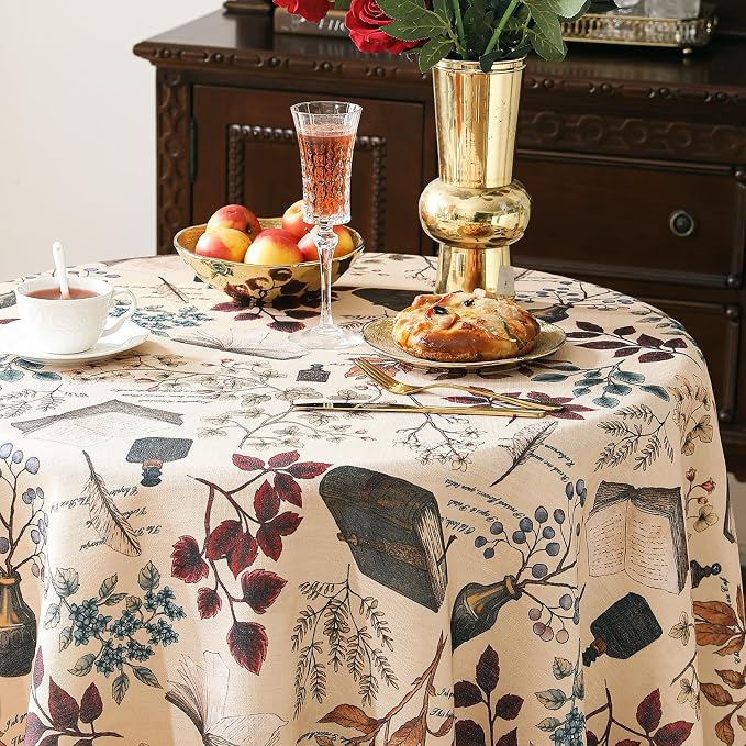 ISAENNE Designer French Linen Round Tablecloth,Diameter 67"-Xipeia | Vintage Elegant Beautiful Durable Printed Table Cloth,Floral Pattern,Decoration,Heavyweight,Dining,Kitchen,Thanksgiving