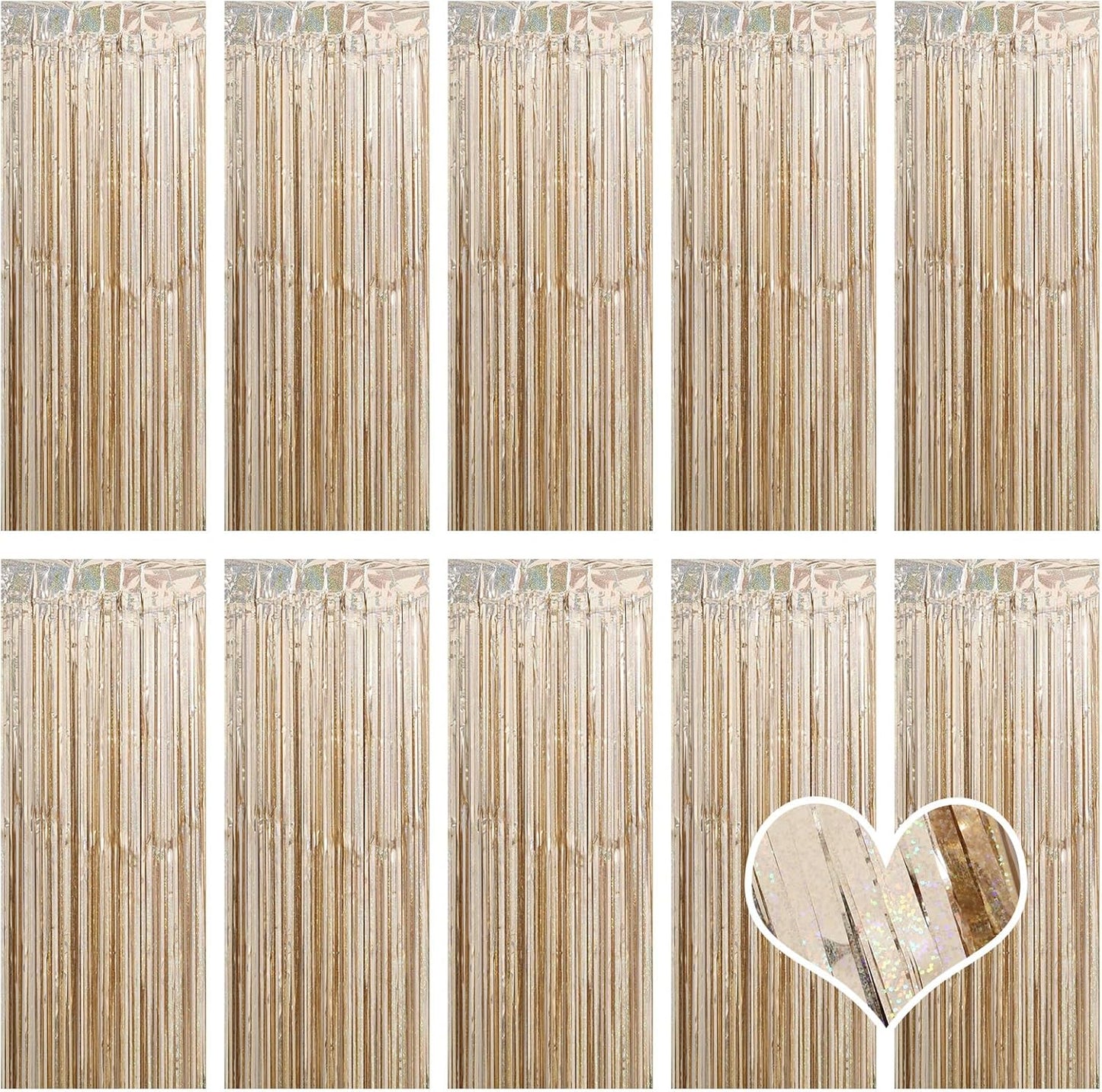 10 Pack Champagne Gold Backdrop Curtain 3.2ft x 8.2ft Metallic Tinsel Foil Fringe Curtains Photo Booth Background for Birthday Party Decoration Engagement Wedding Christmas Decor (Champagne Gold)